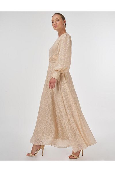 Kayra Drape Detailed Jacquard Dress Sand Beige