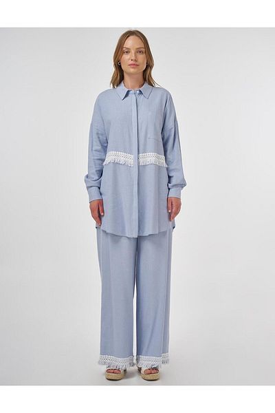 Kayra Lace Garnished Linen Viscose Double Suit Crown Blue