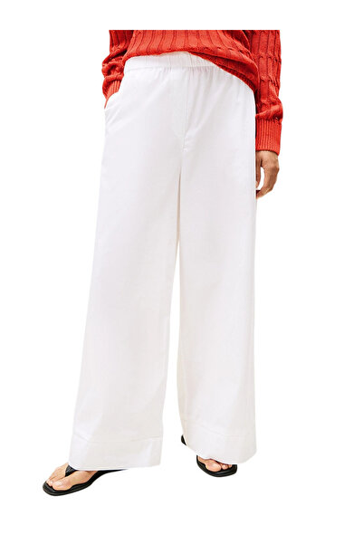 Tommy Hilfiger Kadın Yüksek Bel Geniş Paça Rahat Kesim Beyaz Pantolon WW0WW45891-YCF