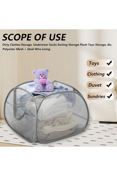Saharaz 2-piece foldable laundry basket, mesh, portable, with side pockets, for clothing storage, dark blue