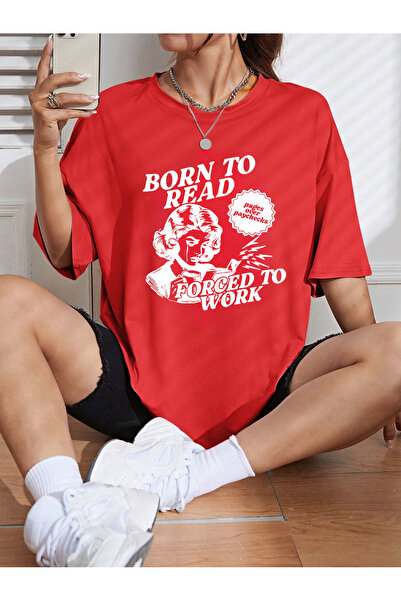 coolart Tricou Born To Read - Tricou supradimensionat cu imprimeu roșu, de va...