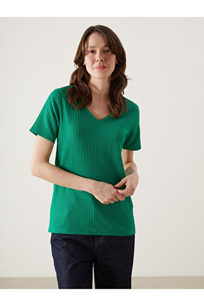 LC Waikiki Nevavm V-Neck Textured Women's T-Shirt with Difference in Color