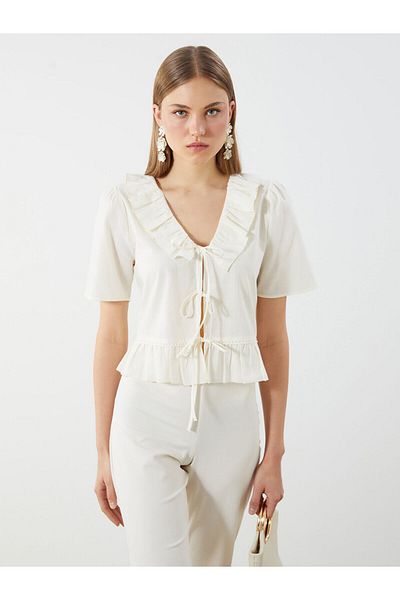 LC Waikiki V Neck Front Bow Ruffle Crop Blouse
