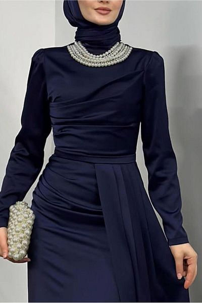TRENDTESETTÜR Women's Dark Blue Pearl Necklace Evening Dress t 1510