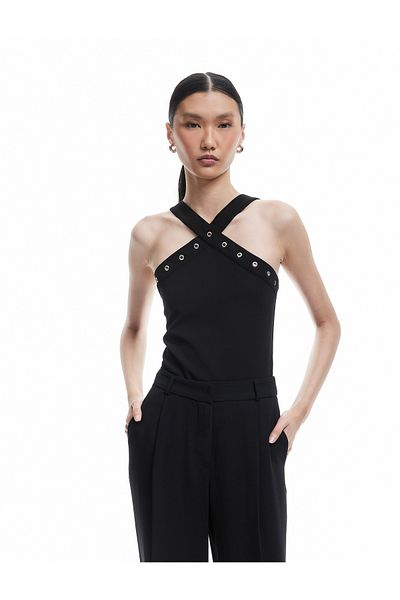 Koton New Season Crepe Scuba Fabric Accessory Detailed Cross Strap Halter Neck Blouse