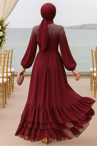 TRENDTESETTÜR Γυναικείο βραδινό φόρεμα με κέντημα με μαργαριτάρια μπορντό T 0812