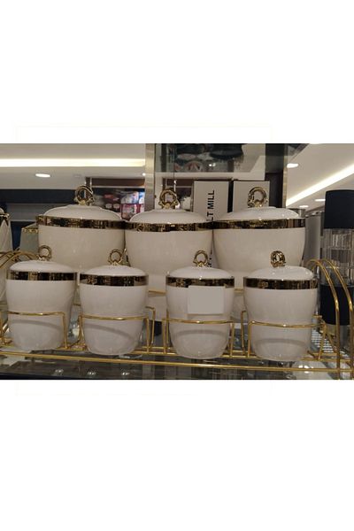 rexa 7-Piece Luxury Porcelain Spice Set – Gold Gilded Versace-Inspired White Storage Jars with Stand