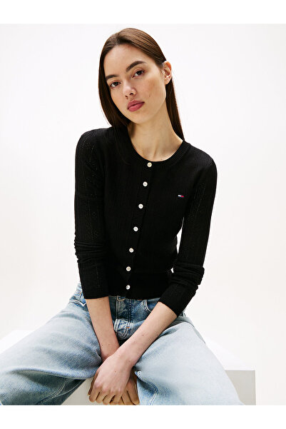 Tommy Hilfiger Pointelle-Strickjacke mit Rundhalsausschnitt und schmaler Pass...