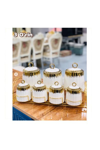 rexa 7-Piece Luxury Porcelain Spice Set – Gold Gilded Versace-Inspired White Storage Jars with Stand