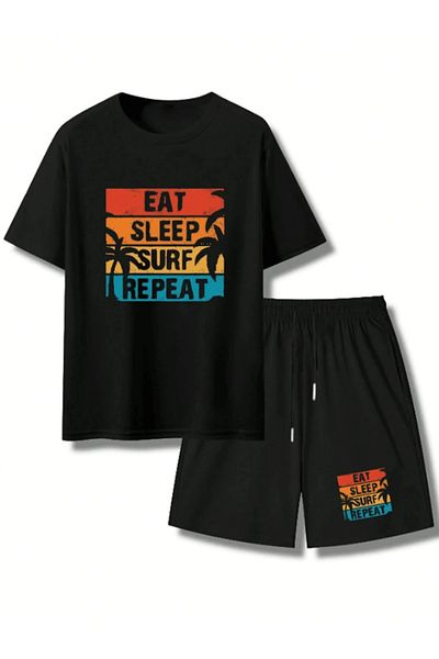 Mythologie Eat Surf T-Shirt Combed Cotton Shorts - Black Shorts T-Shirt Team Printed Oversize Crew Neck