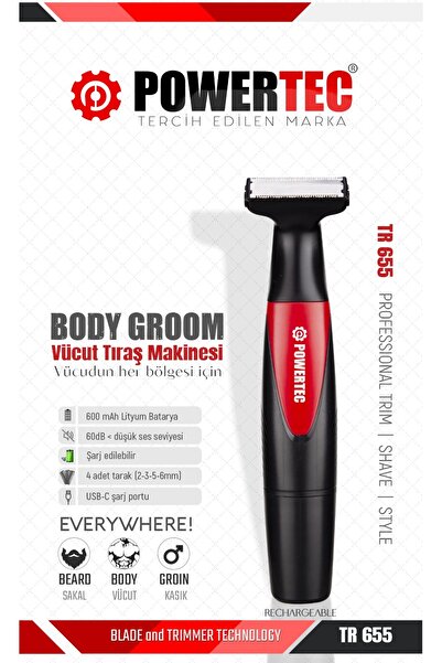 POWERTEC TR-655 Vücut Tıraş Makinesi (Body Groom) Çift Bıçak - Sıfıra Yakın Kesim