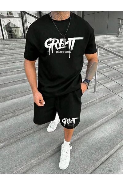 Mythologie Great T-Shirt Combed Cotton Shorts - Black Shorts T-Shirt Suit Printed Oversize Crew Neck