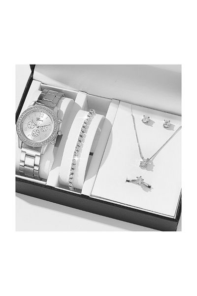 MACON Luxury Rhinestone Fashion Quartz Wristwatches For Women with 5 Pcs Jewelry Set - Silver