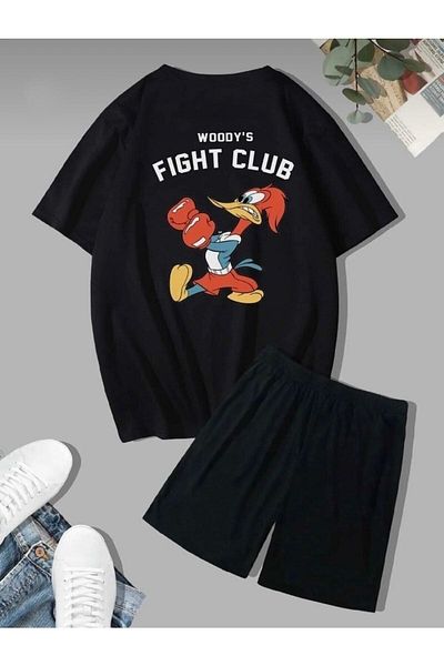 Mythologie Fight Club T-shirt Shorts - Black T-Shirt with Shorts Top and Bottom Set Printed Oversize Crew Neck
