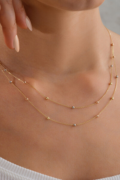 KRD 14 Ayar Dorika Toplu İkili Altın Kolye Toplar Üç Renk