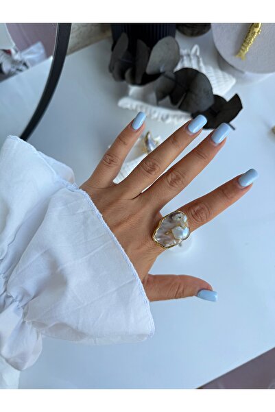 LUXURY JEWELRY Doğal İnci 22 Ayar Altın Kaplama Yüzük