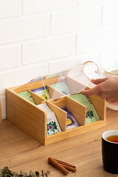 Porsima Home 005 Wooden Bamboo 6 Compartment Organizer Sachet Shake Tea Box Herbal Tea Box Storage Container