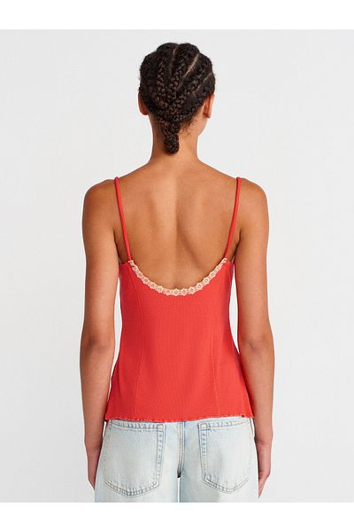 Dilvin 21066 Lace Ribbon Strap Top-Red