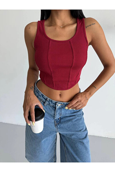 hazelin Women's Burgundy Ribbed Camisole Crop Blouse Hzl25S-Fry123171