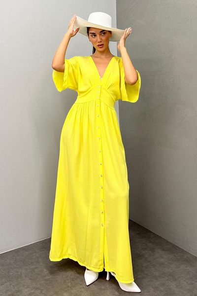 Madmext Yellow V-Neck Buttoned Dress Mg2339