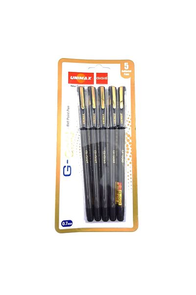 UNIMAX G-Gold 0.7mm Black Gel Pen Pack of 5 – Smooth Writing Precision Pens