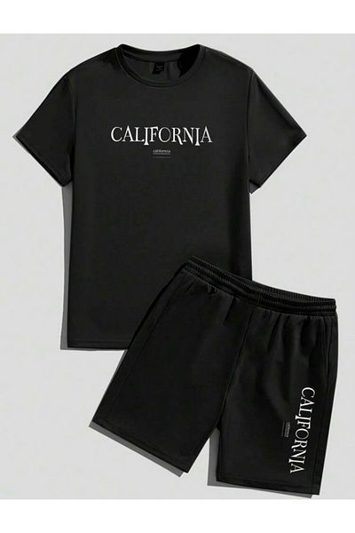 Mythologie California T-Shirt Combed Cotton Shorts - Black Shorts T-Shirt Set Printed Oversize Crew Neck