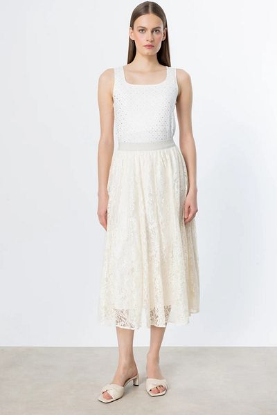 Ekol Lined Stoned Lace Skirt Ecru