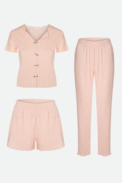 koza iç giyim Women's Cotton 3-Piece Pink Bow Camisole Pajama Set