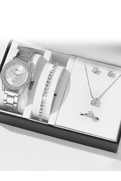 MACON Luxury Rhinestone Fashion Quartz Wristwatches For Women with 5 Pcs Jewelry Set - Silver