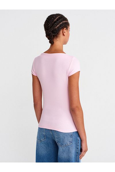 Dilvin 31855 Boat Neck T-Shirt-Light Pink