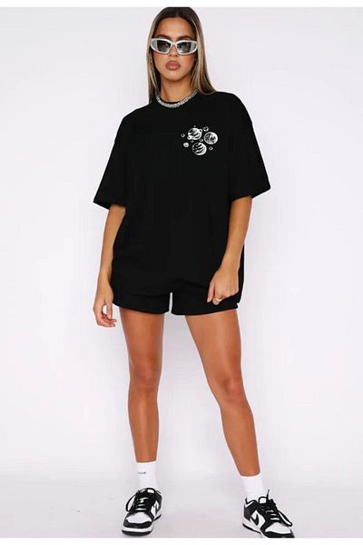 Mythologie Planets T-Shirt Combed Cotton Shorts - Black Shorts T-Shirt Team Printed Oversize Crew Neck