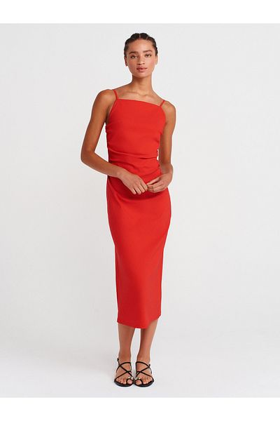 Dilvin 91479 Rochie Midi cu șnur-Roșu