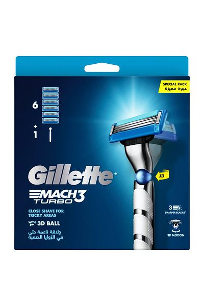 Gillette Mach3 Turbo 3D Motion Razor 1 Handle + 6 Blades for Enhanced Flexibility, Comfort