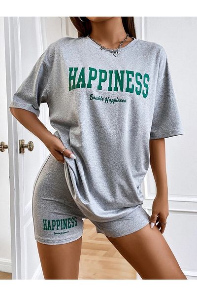 Mythologie Happiness T-Shirt Shorts - Gray T-Shirt with Shorts Top and Bottom Set Printed Crew Neck