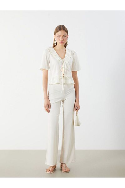 LC Waikiki Lcw Vision V Neck Front Bow Ruffle Crop Blouse