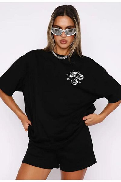 Mythologie Planets T-Shirt Combed Cotton Shorts - Black Shorts T-Shirt Team Printed Oversize Crew Neck