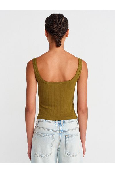 Dilvin 21068 Buttoned Square Neck Top-Dark Green