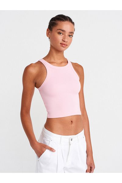 Dilvin 21104 Ribbed Crop Top-Powder Pink