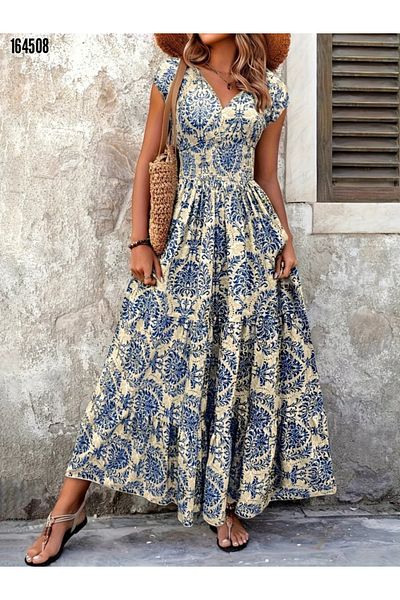JANES Rochie de damă cu talie elastică, cu decolteu dublu, cu mânecă scurtă, suprimă suprimată