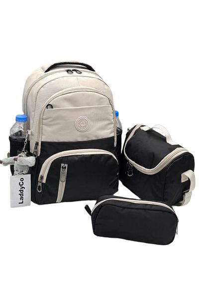 LaddyCo First School Bag Set of 3 Unisex Children's Primary School Bag Ldc-8010 Beige-Black