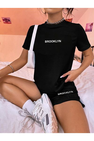 Mythologie Brooklyn Text T-Shirt Combed Cotton Shorts - Black Shorts T-Shirt Set Printed Oversize Crew Neck