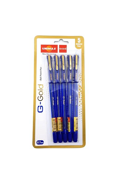 UNIMAX G-Gold Blue Pen 0.7mm - Pack of 5 | Smooth Writing Ball Pens