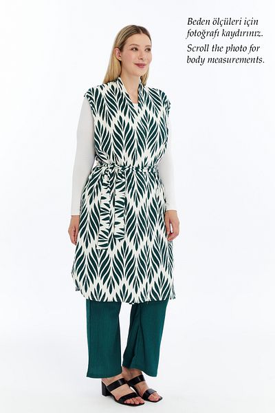 Laden Plus Size Women's Summer Oversized Hijab Pants Belted Pocketed Long Vest Double Patterned Suit
