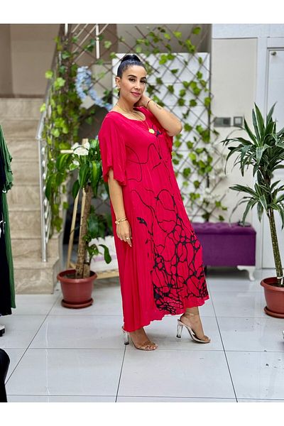 Punta Otantik Vl2110 Printed Half Sleeve Voile Dress Red