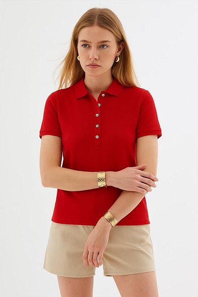 Fashion Friends Polo Neck Short Sleeve Stretch Cotton T-Shirt Red
