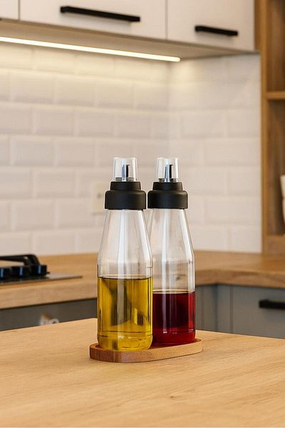 Bayev 3 Piece Large Size Sippy-Free Oil Pot Smart Wooden Stand Glass Oil Set - 720 ml