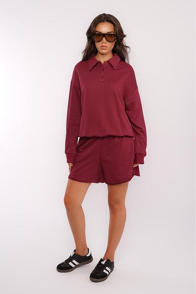 Madmext Burgundy Polo Collar Women's Shorts Sweatshirt Suit Mg2375