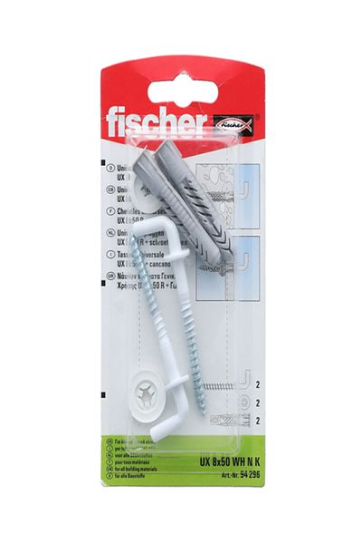 Fischer Universal Plug UX 8 x 50 WH N K with Rim and Angle Hook