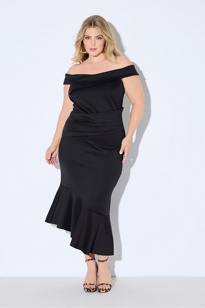 Şans Women's Plus Size Black, Carmen Collar Asymmetrical Cut Scuba Fabric Dress 65N38977