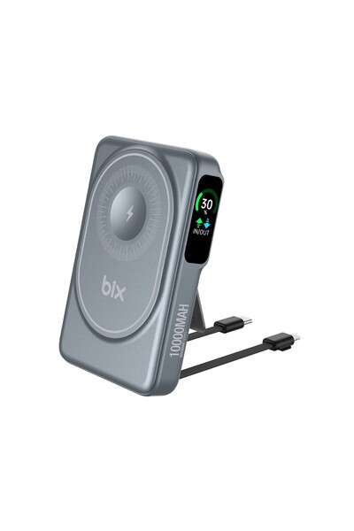Bix Tpb16 10.000 Mah Oled Ekranlı Manyetik Kablosuz Powerbank 20w Pd Hızlı Şarj Ve 15w Magsafe Gri